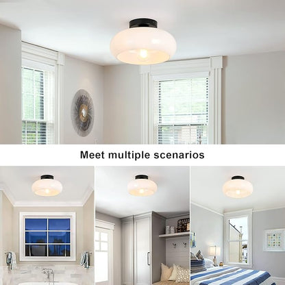 Mid-Century Modern Semi Flush Mount Ceiling Light, Metal Kitchen Light Fixture with Glass Shade,Vintage White and Black Colse to Ceiling Lamp for Entryway Hallway Bathroom (11.0 Inch)