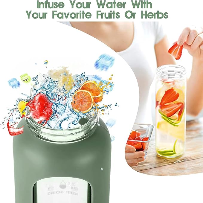 32 oz Glass Water Bottles with Straw - Motivational Glass Water Bottle with Time Marker & Silicone Sleeve(black)