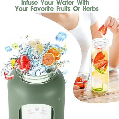 32 oz Glass Water Bottles with Straw - Motivational Glass Water Bottle with Time Marker & Silicone Sleeve(black)