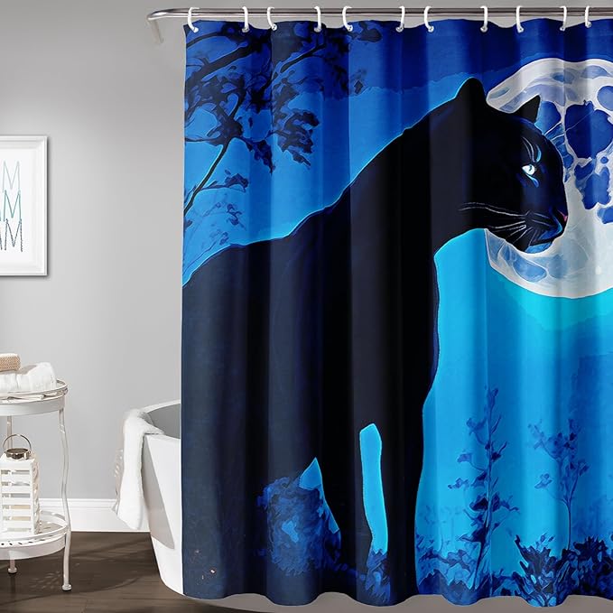 AILONEN Black Panther Shower Curtain,Evening Moon Leopard Bath Curtain for Women,Wildlife Cheetah Polyester Waterproof for Bathroom,48" W*72" H with 12 Plastic Hooks