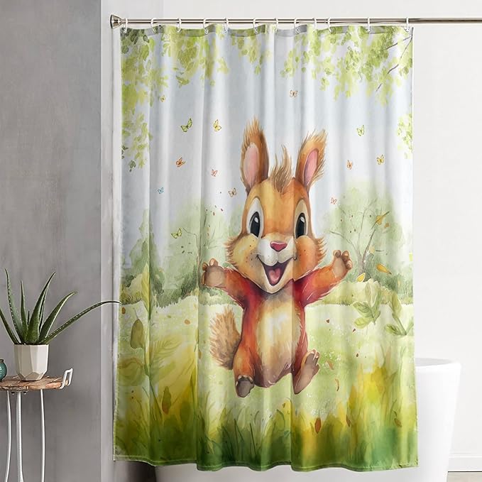 AILONEN Cartoon Cute Squirrel Shower Curtain,Kawaii Squirrel Bathroom Curtains for Kids,Girls,Tie Dye Tree Shower Curtains Set with Hooks for Bathroom,60" W*72" H