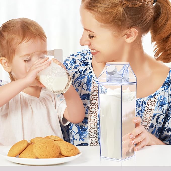 KALYLOC Milk Carton Water Bottle, 34 oz Clear Plastic Milk Box Square Juice Bottle, Portable Reusable Milk Bottles Bulk Water Container for Outdoor Sports Travel Camping Activities (Clean 6pcs)