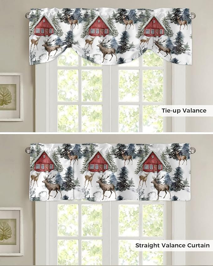 Christmas Blackout Tie Up Valance Curtains for Kitchen Windows Red Farmhouse Barn Window Toppers Balloon Shades for Living Room/Bathroom/Bedroom,1 Panel,42" X 12" Elk