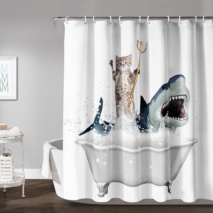 AILONEN 3D Bathtub Shark Shower Curtain for Kids 180 * 180 Inch,Cat Riding Shark in a Bathtub Shower Curtain,12 Pack Hooks Polyester Waterproof Fabric Decor for Bathroom Bathtub Panels