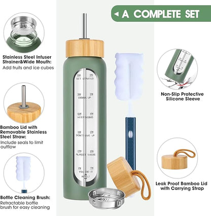 32 oz Glass Water Bottles with Straw - Motivational Bottle with Time Marker & Silicone Sleeve - Reusable Tumbler Includes 2 Bamboo Lids & Fruit Infuser - 1 Pack