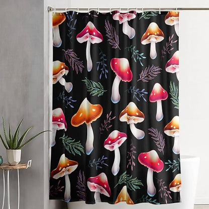 AILONEN Cartoon Mushroom Shower Curtain,Cute Red Mushroom Waterproof Fabric Bath Curtain for Kids Girls Boys,Natural Fungal Plants Shower Curtain Set for Bathroom 72" W*84" H