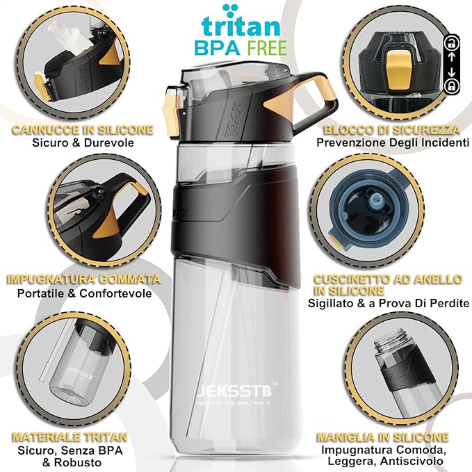 Sports Bottle - 22oz, Water Bottle with Straw, Leak Proof Flip Top Simple Modern Water Bottle, BPA Free Tritan Plastic Water Bottle. Suitable for Gym, Outdoor Travel Sports Enthusiast (Black)