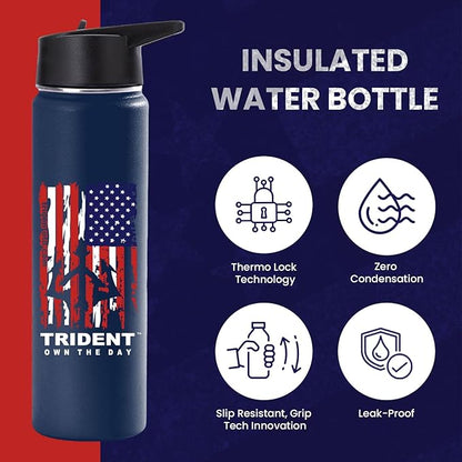 American Flag Water Bottle, 21 oz Insulated Water Bottle, Reusable Water Bottle with Straw, Leak Proof Water Bottles, Thermos Water Bottle - Retired Navy Combat Vet Small Business (Dark Blue, 21 Oz)