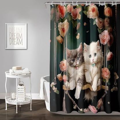 AILONEN Cartoon Beautiful Cat Shower Curtain, Kawaii Kittens with Flower Shower Curtain for Bathroom Decor,Cat Lovers Animal Waterproof Shower Curtains Sets with Hooks,36" W*72" H