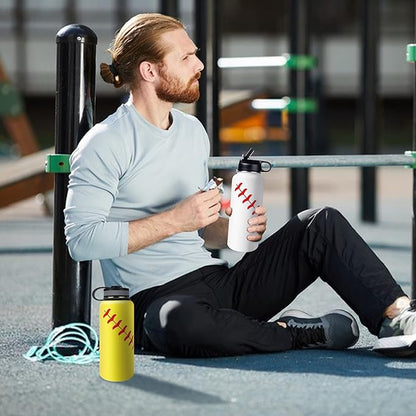 40oz Wide Mouth Baseball Water Bottle with Two Lids(Straw, Handle Lid), 18/8 Stainless Steel Vacuum Insulated for Travel & Sport Cup. (Baseball White, 40oz)