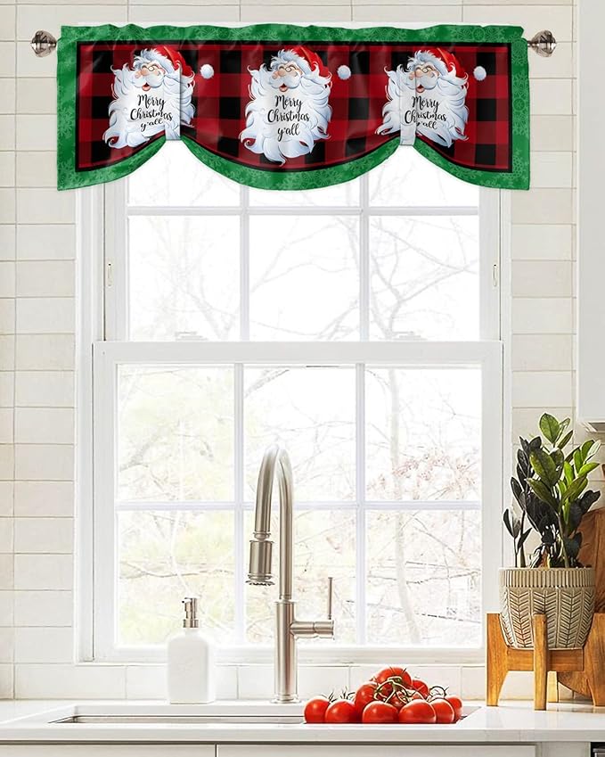 Merry Christmas Y'all Blackout Tie Up Valance Curtains for Kitchen Windows Xmas Santa Claus Window Toppers Balloon Shades for Living Room/Bathroom/Bedroom,1 Panel,42" X 12" Red Buffalo Plaid