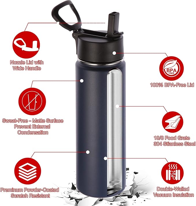 Volhoply 24oz Insulated Water Bottle With Straw Bulk 8 Pack,Metal Wide Mouth Water Bottles With Handle Lid Keep Cold,Reusable Double Wall Thermos,Powder Coated Sport Bottle For Holder(Navy,8 Count)
