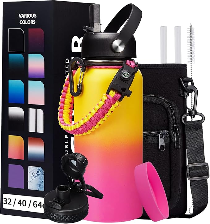 32/40/64oz Insulated Water Bottle with Paracord Handle, Sleeve Carry Strap, Straw Spout Lid, Wide Mouth Metal Canteen Sports Thermo Mug, Leak & Sweat Proof Cold Flask Jug for Camping Traveling