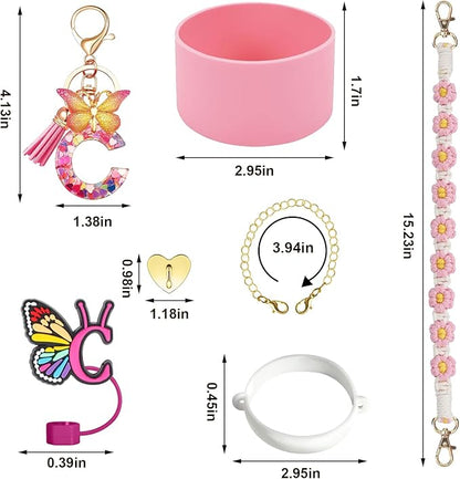 Stanley Cup Accessories Include Silicone Stanley Straw Cover, Butterfly Letter KeyChain Charms, Water Bottle Handle Strap, Boot and Chain for Stanley Cup 30oz 40oz Tumbler