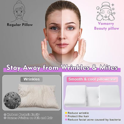 Anti Wrinkle Ergonomic Back Sleep Training Pillow: Cervical Memory Foam Anti Aging Beauty Pillow for Neck Pain Relief - Contoured Neck & Shoulder Support Flawless Face Pillow with Cooling Pllowcase