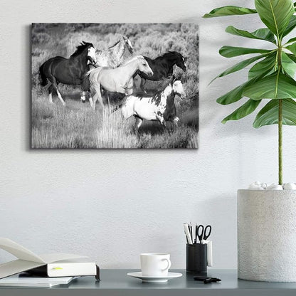 Renditions Gallery Canvas Animal Wall Art Modern Decorations Paintings Running Vintage Horses Black & White Nature Wall Hanging Artwork Prints for Bedroom Office Kitchen - 18"x27" LT33