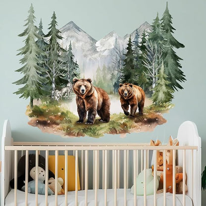 Vibrant Watercolor Bear Forest Wall Decals - Set of 2 Large Sheets (30x90cm) - Perfect for Nursery, Kids Room Decor - Easy Peel & Stick Removable Art