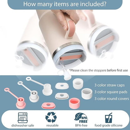 3 Set Spill Stoppers for Stanley 20oz/30oz/40oz/64oz, Leak Proof Accessories for Stanley Tumbler with Straw Cap and Square Pad and Round Cover (Mixed, 3)