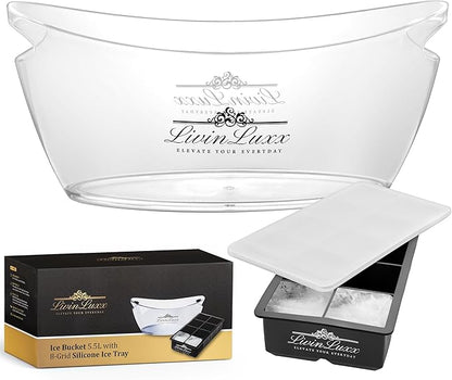 Acrylic Ice Bucket for Parties with Silicone Ice Cube Tray - Clear Champagne Bucket 5.5 Liter - Beverage Tub with Big Square Ice Cubes for Cold Drinks - Holds 3-5 Wine or Champagne bottles