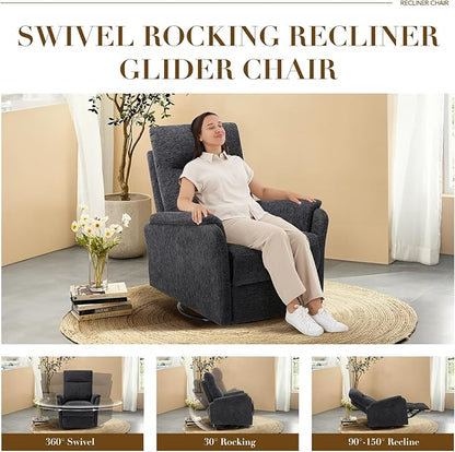 Swivel Rocking Recliner Glider Chair, Upholstered Fabric Reclining Rocker Chair with Footrest for Living Room, Nursery, Bedroom, Ergonomic High Backrest, Wide Seat Cushion and Metal Base-Darkgrey
