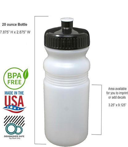 Rolling Sands 20 Ounce Sports Water Bottles 24 Pack, BPA-Free, Made in USA, Dishwasher Safe, Clear Frost Bottles/Black Lids