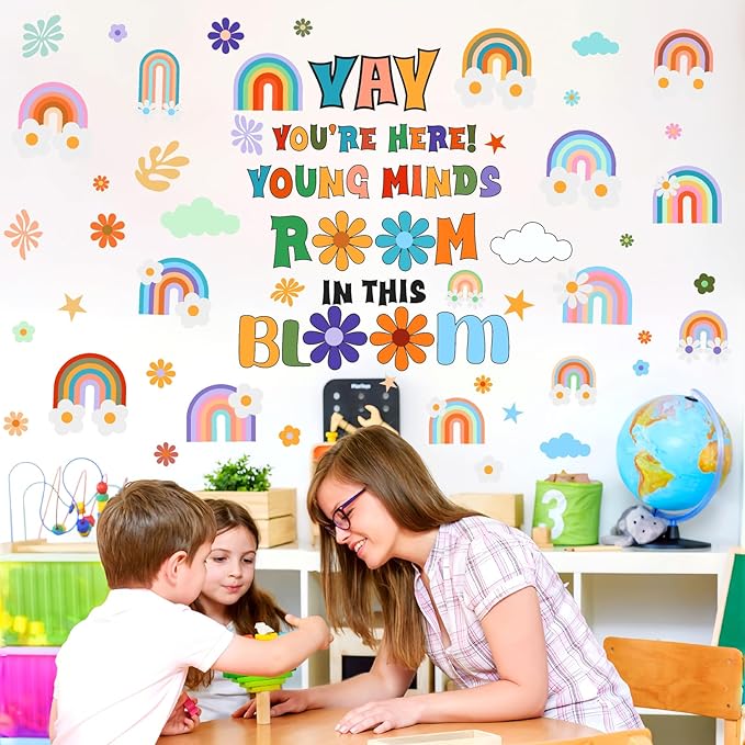 Inspirational Wall Decals Quote Motivational Phrase Wall Stickers Colorful Rianbow Flower Wall Stickers Lettering Positive Sayings Stickers for Kids Room Nursery Playroom School Classroom Decor
