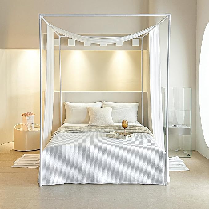 AIKASY White Bed Canopy Scarf for Full/Queen - Luxury Sheer Canopy Bed Curtains with Light - Suitable for Four-Poster Bed, Metal Bed Frame, Wood Bed Frame -1pic
