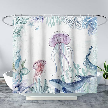 AILONEN Cartoon Jellyfish Shower Curtain for Bathroom Teal Blue Ocean Beach Coastal Bath Curtain Decor 60" W*72" H Polyester Fabric Waterproof Bathroom Curtain with 12 Hooks