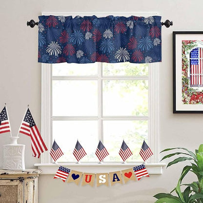 July 4th Kitchen Curtains Valances for Windows Fireworks Celebrate Patriotic Americana Stars Rod Pocket Window Treatment for Kitchen/Living Room/Bedroom/Bathroom, 54" X 18", Red, White and Blue