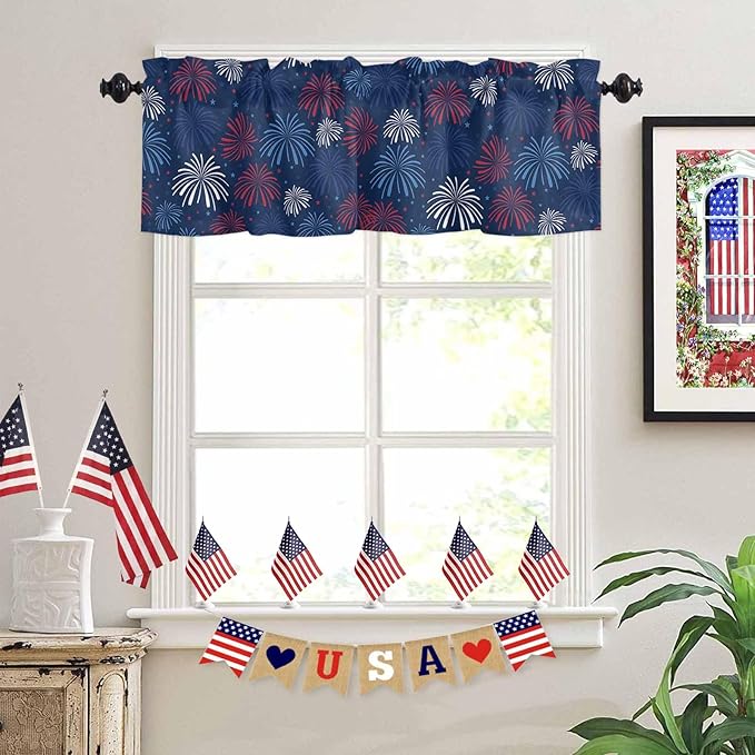 July 4th Kitchen Curtains Valances for Windows Fireworks Celebrate Patriotic Americana Stars Rod Pocket Window Treatment for Kitchen/Living Room/Bedroom/Bathroom, 60" X 18", Red, White and Blue
