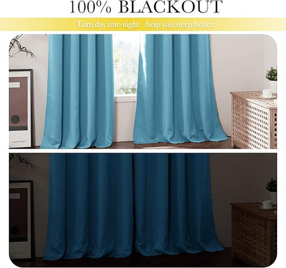 NICETOWN 100% Blackout Curtains with Same Color Liners, Thermal Insulated Full Blackout 2-Layer Lined Drapes, Energy Efficiency Window Draperies for Boy's Room (Teal Blue, 2 PCs, 52-inch by 54-inch)
