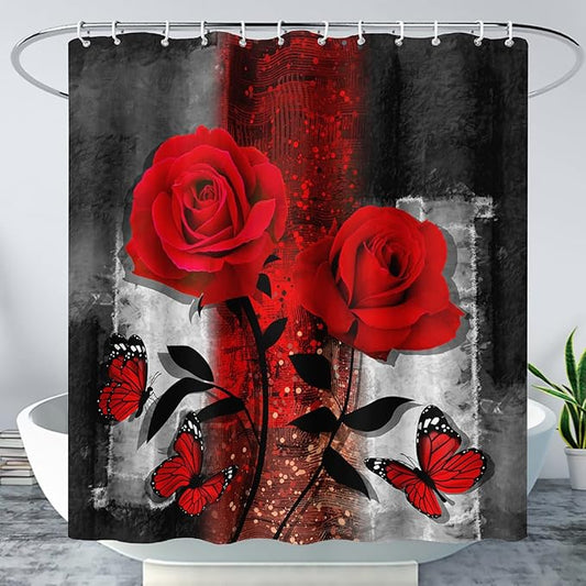 AILONEN Red Rose Shower Curtain for Bathroom, Romantic Rose Flower Bath Curtain,Grey Abstract Waterproof Floral Butterfly Print Shower Curtain Decoration with 12 Plastic Hooks, 48" W*72" H