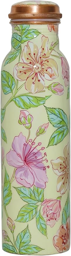 Copper Ayurveda Copper Water Bottle for Drinking – Travel Water Bottle for Gym, Yoga, Office, Hiking, Outdoor – with Lid (Yellw Pink floral) (Yellow pink floral)