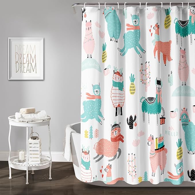 AILONEN Cute Llama Alpaca Shower Curtain 72" W*96" H Bathroom Curtains for Kids,Cartoon Animals Colorful Girls Cactus Bath Decor Fabric Polyester Waterproof Shower Curtain with 12 Pack Plastic Hooks