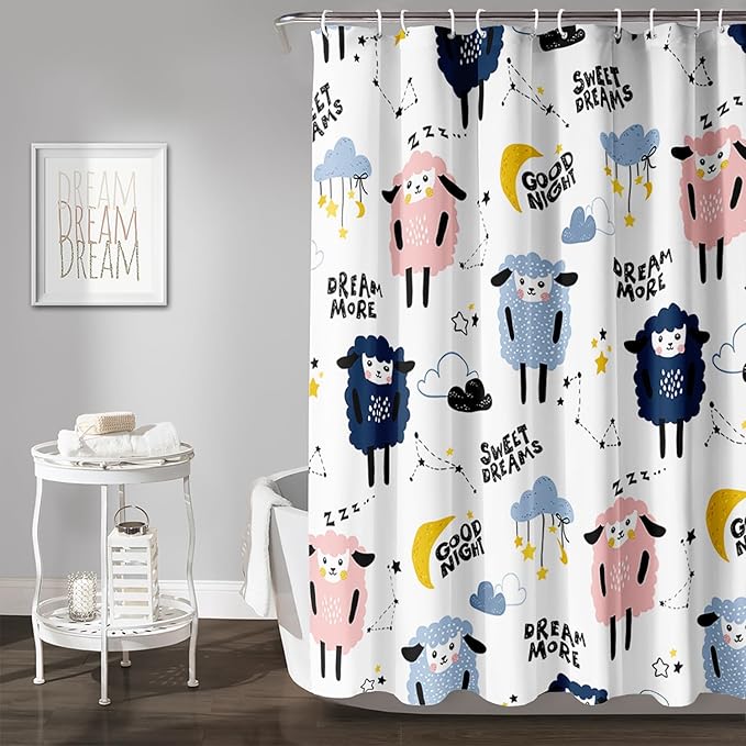 AILONEN Cute Sheep Shower Curtain for Bathroom,Constellation Star Clouds Printed Bath Curtain,Blue Pink Sheep Kids Curtain Waterproof with 2 Plastic Hooks 72" W*84" H