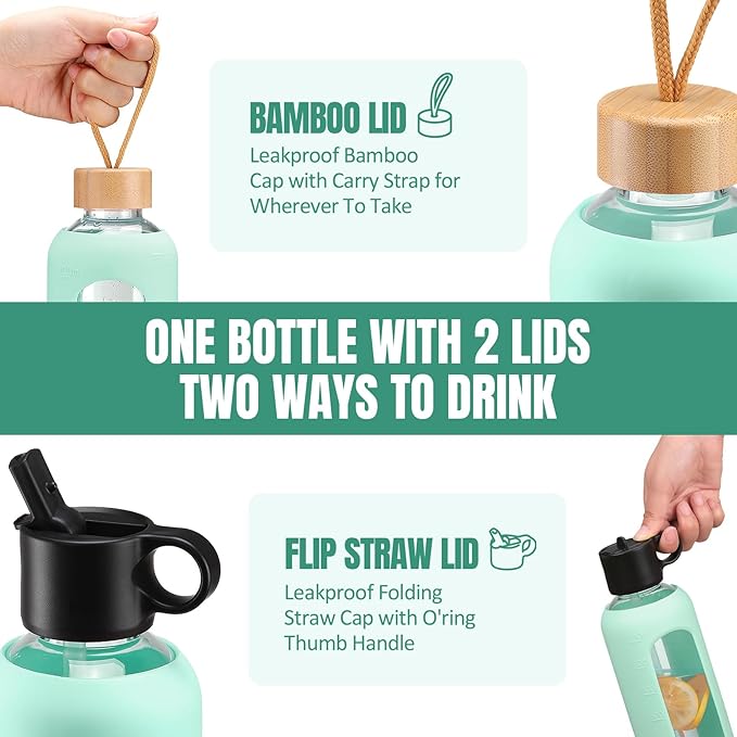 32oz Glass Water Bottle With 2 Lids-Flip Straw Lid, Bamboo Lid, Glass Water Bottle With Silicone Sleeve, Motivational Time Marker, Glass Juice Bottle for Cold Drink,Light Blue