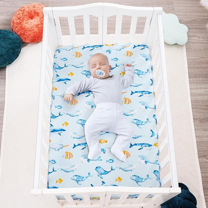 3 Pack Mini Crib Sheets, Premium Pack N Play Sheets for Boys Girls Neutral, Soft Breathable Baby Sheets Fit Pack N Play, Playard and Mini Crib Mattresses, Whale
