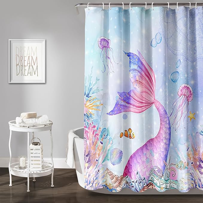 AILONEN Mermaid Shower Curtain,Blue Ocean Coral Jellyfish Coast Bathroom Curtain,Cartoon Mermaid Tail Print Kids Women Girls Bath Curtain 72" W*78" H Polyester Waterproof Shower Curtain with 12 Hooks