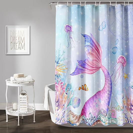 AILONEN Mermaid Shower Curtain,Blue Ocean Coral Jellyfish Coast Bathroom Curtain,Cartoon Mermaid Tail Print Kids Women Girls Bath Curtain 60" W*72" H Polyester Waterproof Shower Curtain with 12 Hooks
