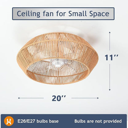Small 20" Boho Reversible DC Ceiling Fan with Light Fixture and Remote Control, Enclosed Cage Flush Mount Caged Low Profile Fandelier for Nursery Office Dining Room Indoor Kitchen Bedroom