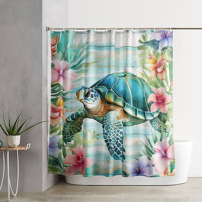 AILONEN Cute Sea Turtle Shower Curtain,Cartoon Beautiful Turtle with Flowers Shower Curtain Set for Bathroom,Ocean Animal Waterproof Fabric Shower Curtain with Hooks,48" W*72" H