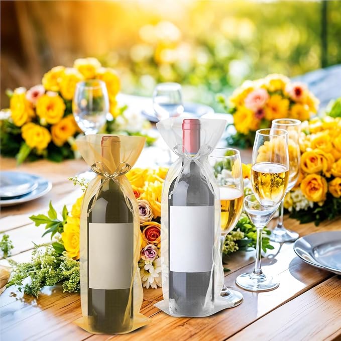 Megitzuu 20 Pieces Organza Wine Bags, 14.6 x 5.5 Inch Wine Gift Bag with Drawstring Sheer Mesh Wine Gift Pouches Bottle Covers for Halloween Christmas Wedding Party Favors (Gold+White)