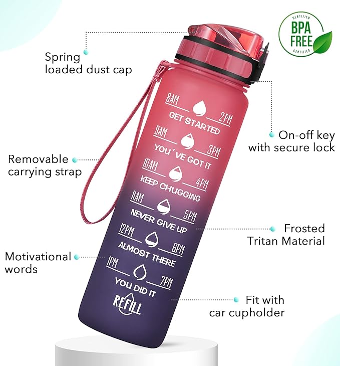 32oz Motivational Water Bottle with Time Marker & Fruit Strainer, Leak-proof BPA Free Non-Toxic Bottle with Carrying Strap, Perfect for Fitness, Gym and Outdoor Sports
