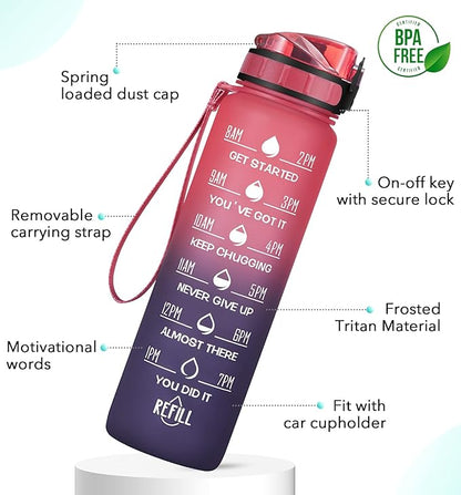 32oz Motivational Water Bottle with Time Marker & Fruit Strainer, Leak-proof BPA Free Non-Toxic Bottle with Carrying Strap, Perfect for Fitness, Gym and Outdoor Sports