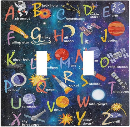 ABC Outer Space Double Toggle Light Switch Cover Decorative Alphabet Galaxy Boys Educational 2 Gang Wall Plate Electrical Faceplate Switchplate for Kidroom Nursery Boyroom Living Room Decor