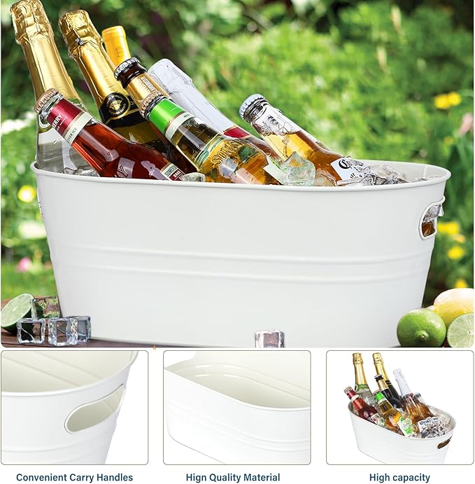 3 Pcs Galvanized Tub 3 Gallon Ice Bucket Large Metal Bucket for Parties Beverage Tub with Handles for Champagne Cocktails Wine Cooling for Mimosa Bar Supplies (White)