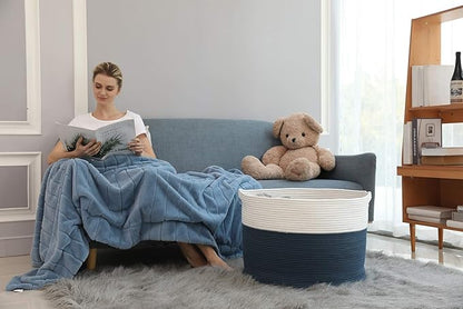 22" x 22" x 16" Mega Size Extra Large Storage Basket, Cotton Rope Storage Baskets, Woven Laundry Hamper, Cloth Storage Bin, for Clothes Towel Blanket Basket in Living Room, Dark Blue