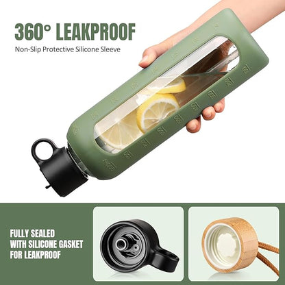 32oz Glass Water Bottle With 2 Lids-Flip Straw Lid, Bamboo Lid, Glass Water Bottle With Silicone Sleeve, Motivational Time Marker, Glass Juice Bottle for Cold Drink,Plive