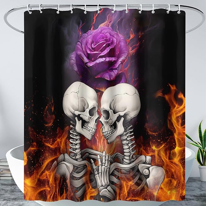 AILONEN Sugar Skull Shower Curtain,Fire Rose with Skeleton Design Shower Curtain Set with Hooks for Boys Girls Teens,Gothic Skull72 W*78" H