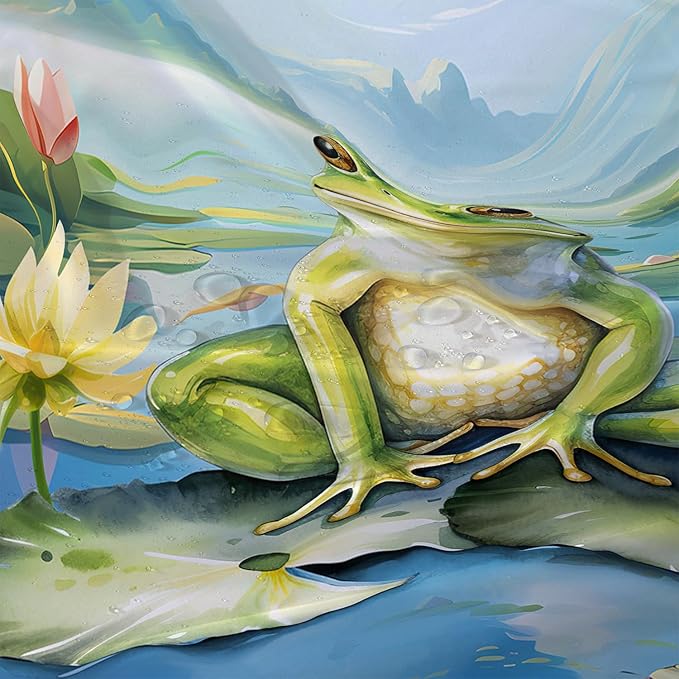 AILONEN Cartoon Frog Shower Curtain Set for Bathroom,Kawaii Green Frog Bath Curtain,Amphibian Animal Shower Curtain,Lotus Flower Waterproof Fabric Shower Curtain with Hooks,48" W*72" H